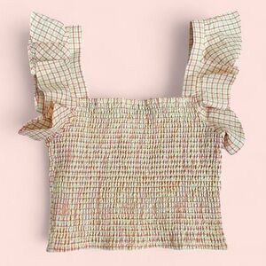 Plaid Ruffle Sleeve Smocked Top